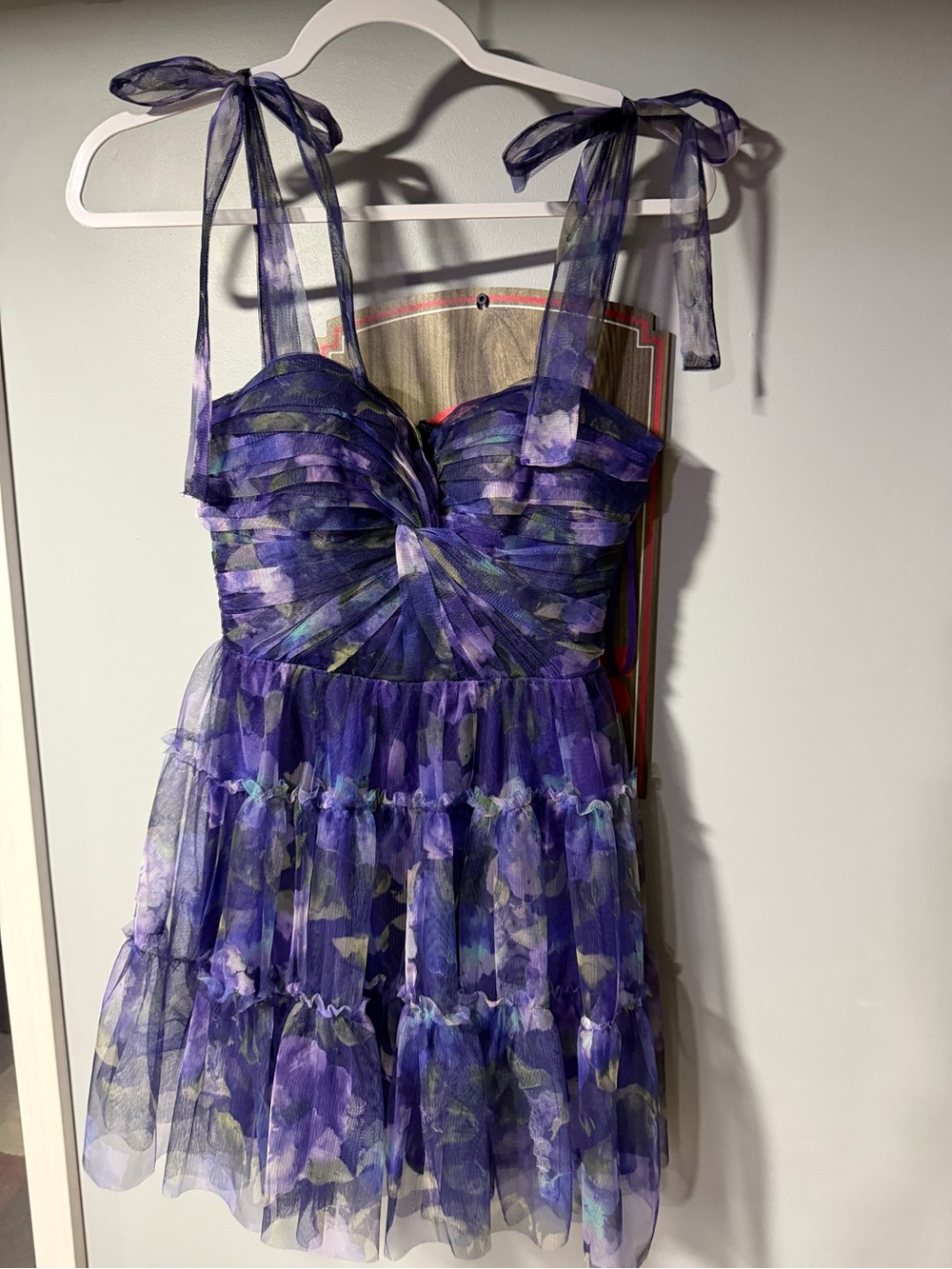 Purple Floral Tie-Shoulder Tulle Party Dress